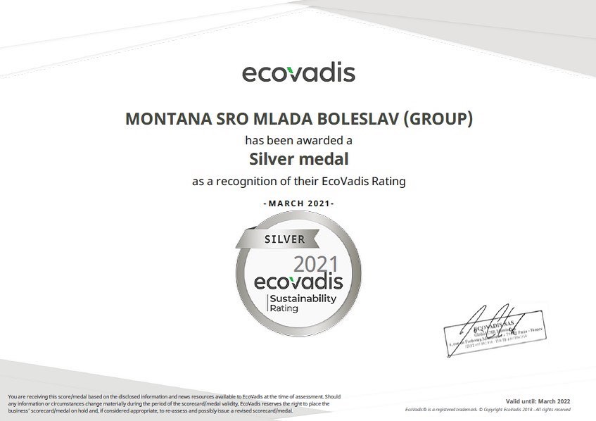 Certifikát EcoVadis 2021 - MONTANA s.r.o.